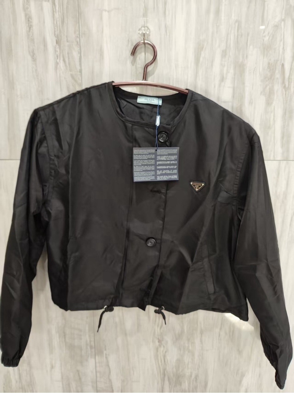 🥗Prada Black Nylon Cropped Round Collar Jacket with Triangle Logo